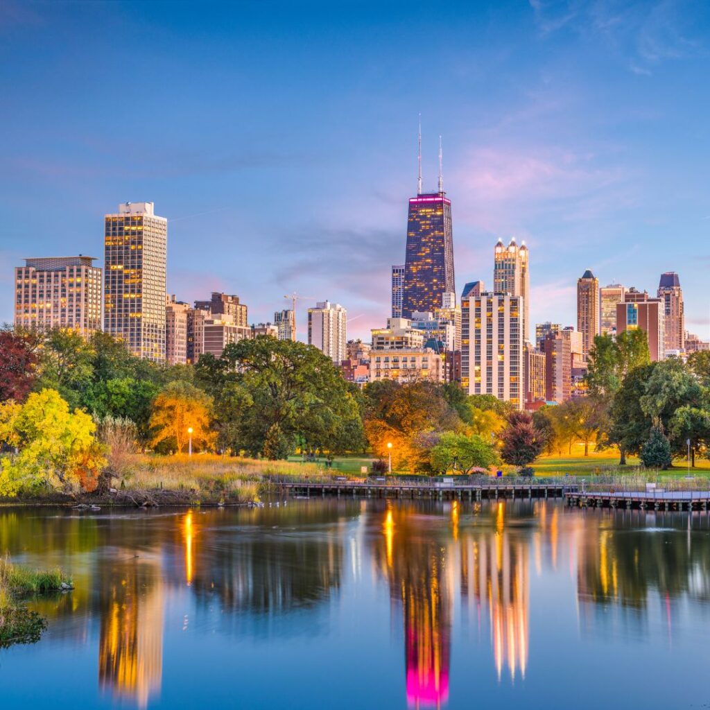 Chicago skyline view near Lincoln Park, representing trusted dry cleaners in Lincoln Park Chicago served by Davis Imperial Cleaners.